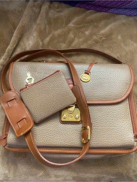 Dooney & Bourke Handbags - Dooney & Burke Pebbled Taupe Satchel Turn Lock with Tan Trim and Gold Hardware